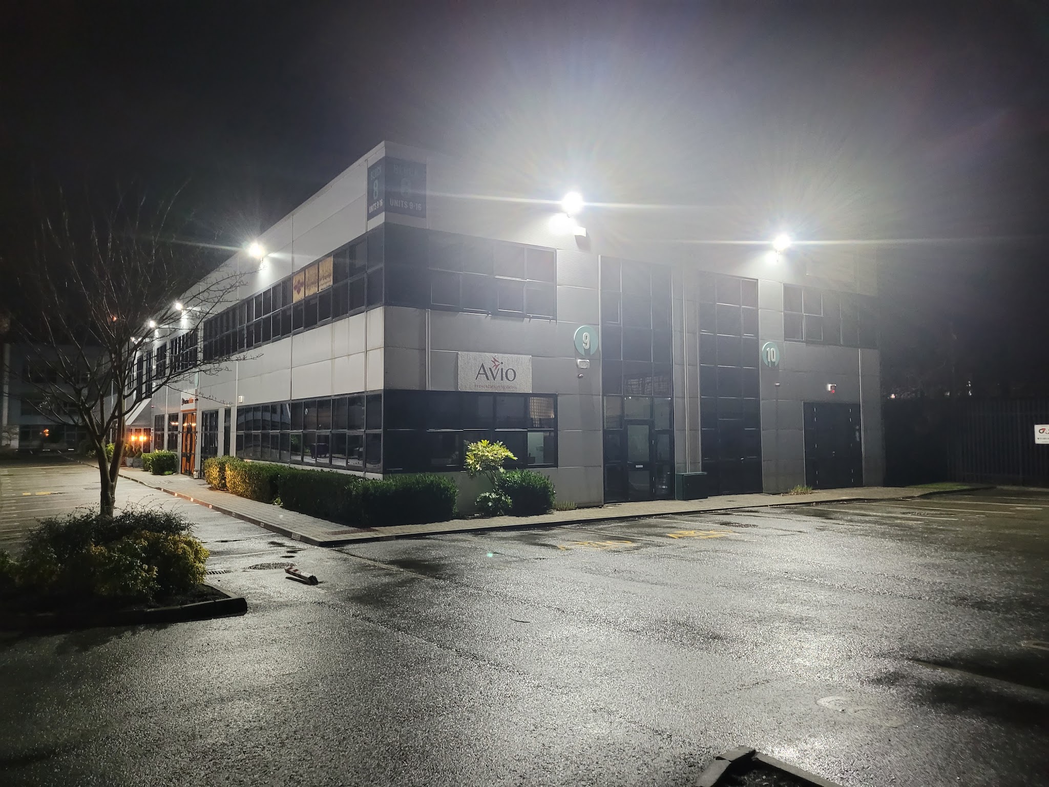 Exterior lighting at a business park at night